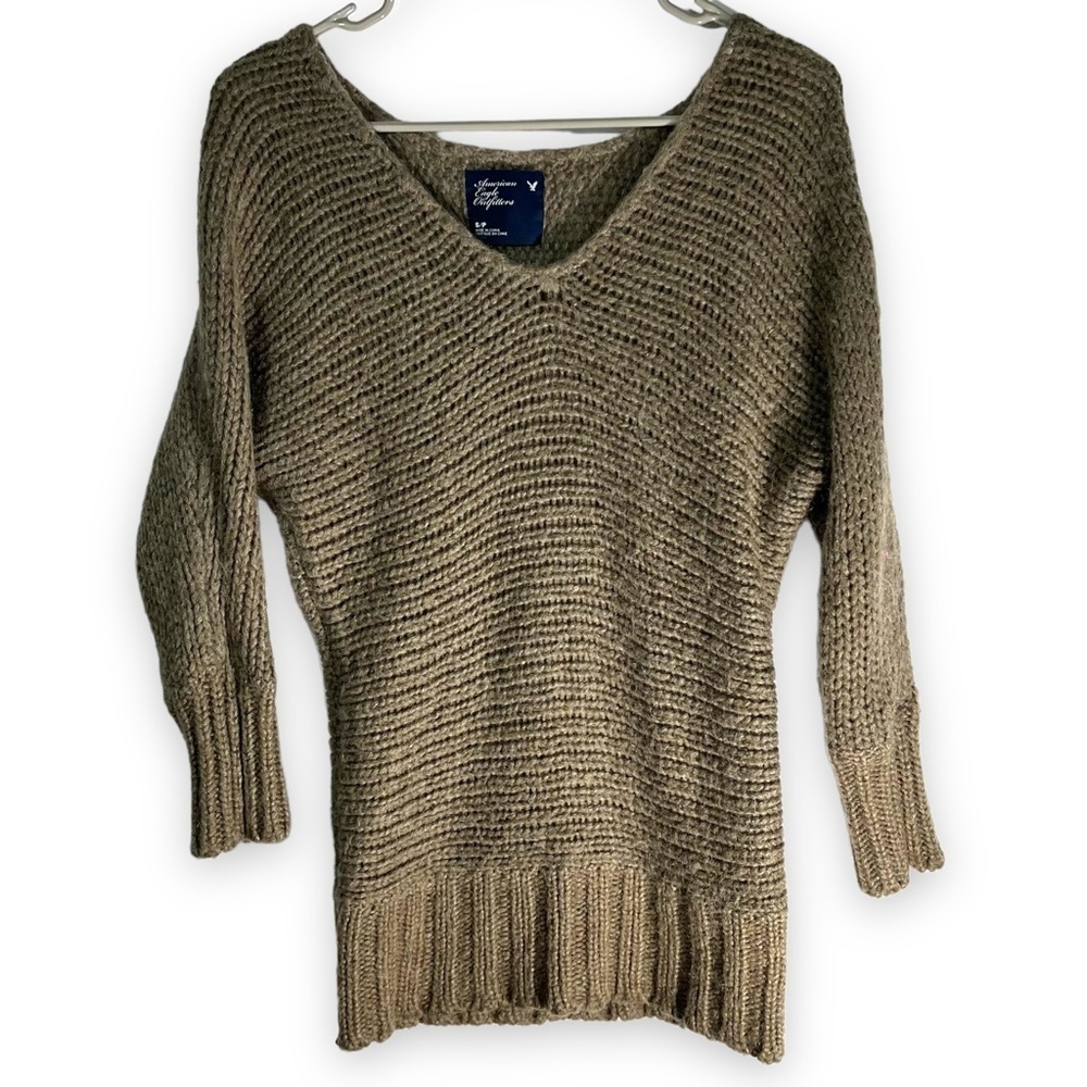 American Eagle Outfitters Wool/Mohair Blend V Neck Sweater, Oatmeal, Size Small